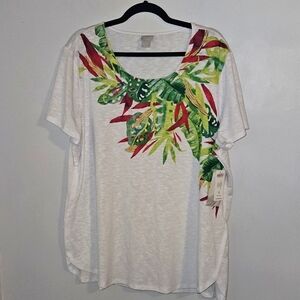 Chicos Zenergy Womens Tropical Palm Scoop Neck Short Sleeve Tee Shirt Size XL